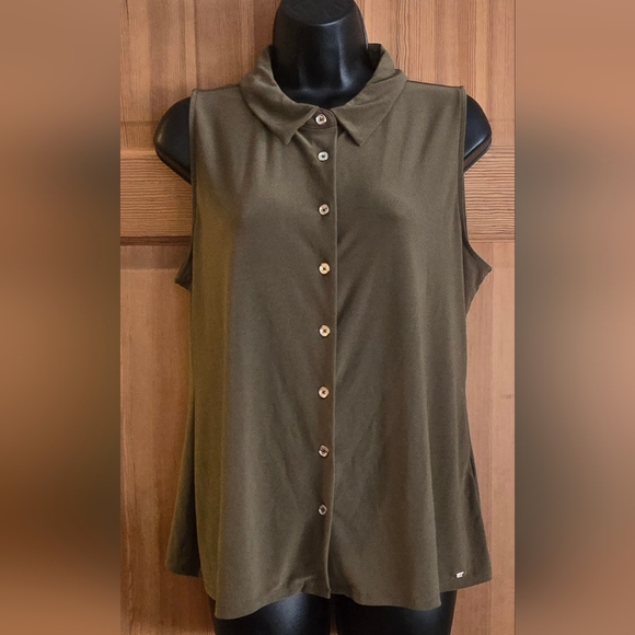 Tommy Hilfiger Tops - Tommy Hilfiger Olive Button Down Sleeveless Top Size Large Business Casual Offic
